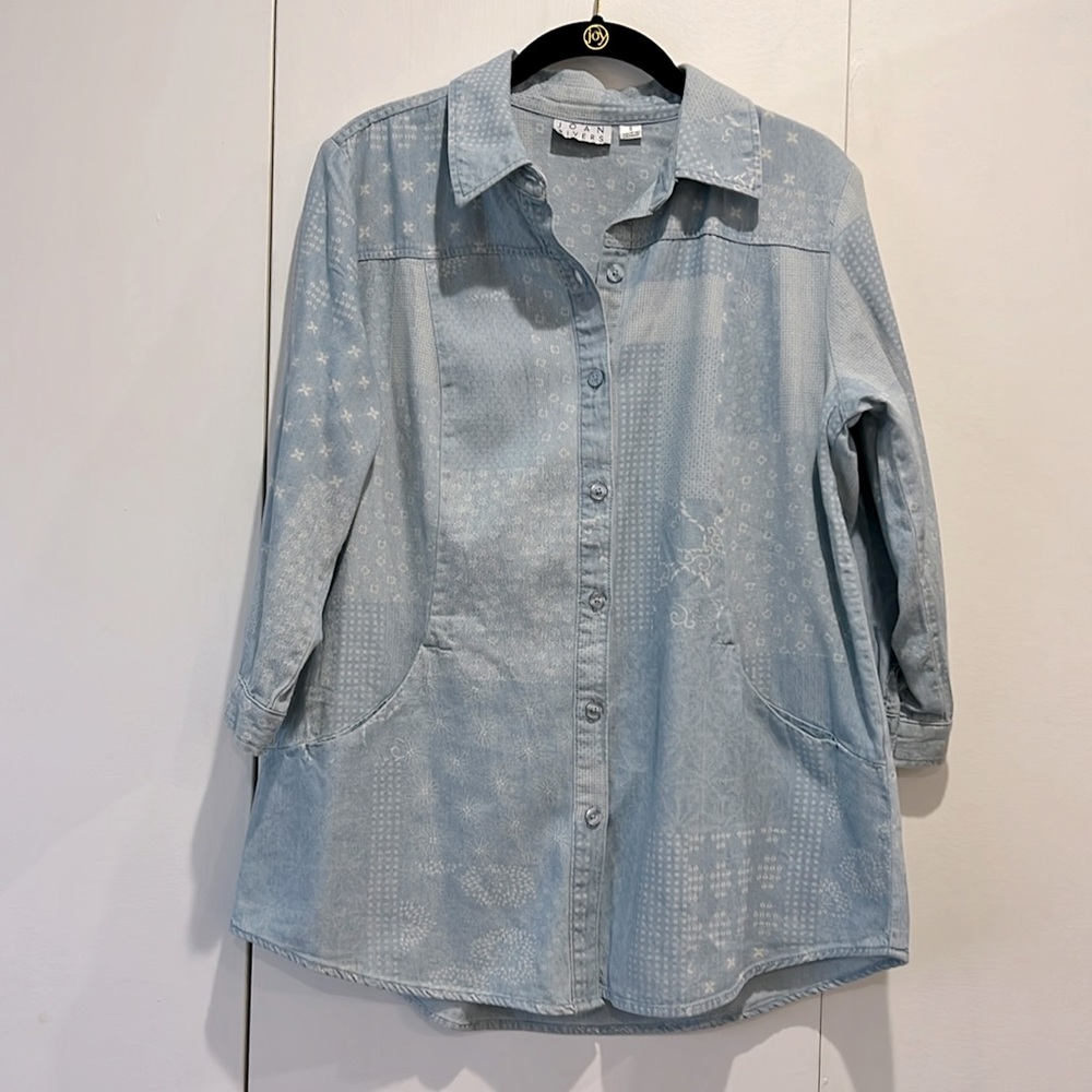 Joan Rivers Button Down Denim Patchwork Print Shi… - image 6